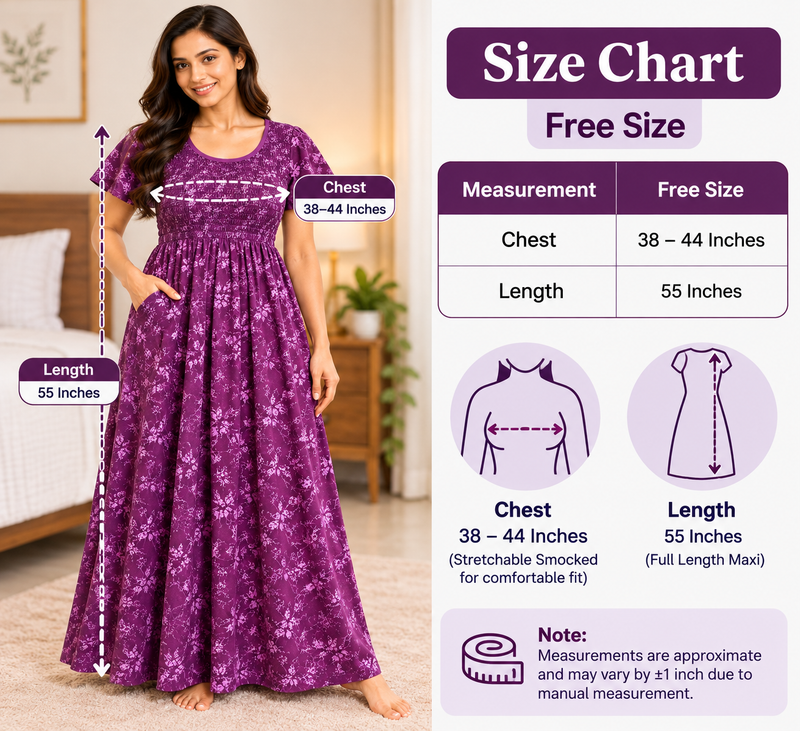 Veni's Plum Purple women's nighty Free Size chart with 38–44 inch chest and 55 inch length