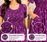 Veni's Plum Purple floral nighty with one side pocket