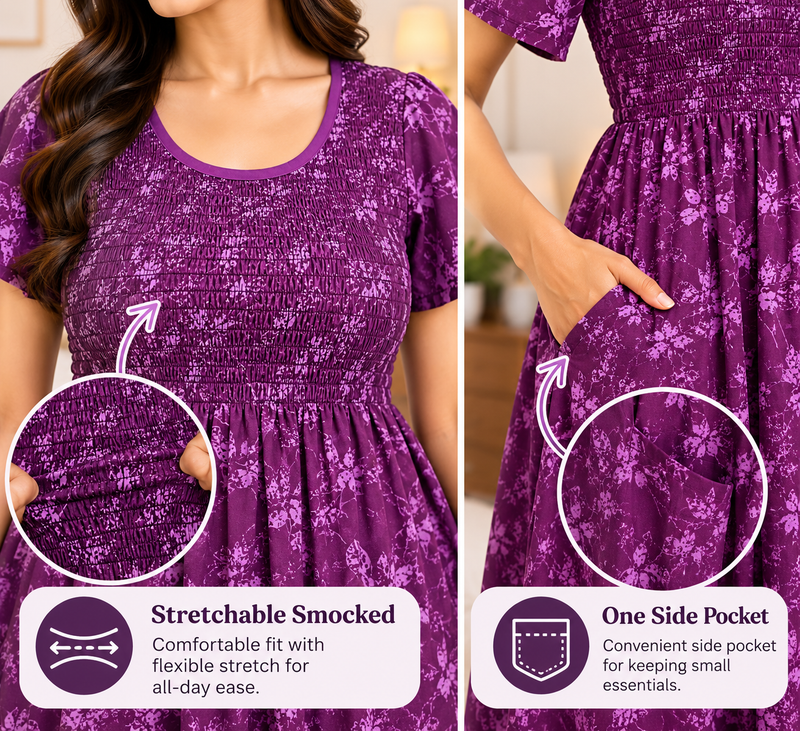 Veni's Plum Purple floral nighty with one side pocket