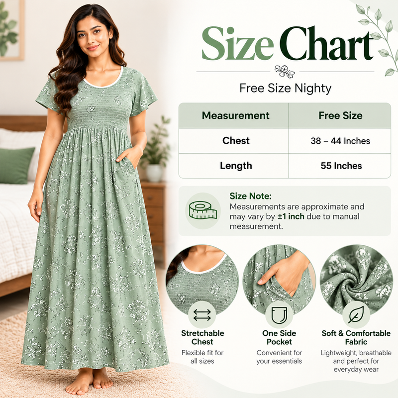 Veni's sage green floral printed women's nighty size chat