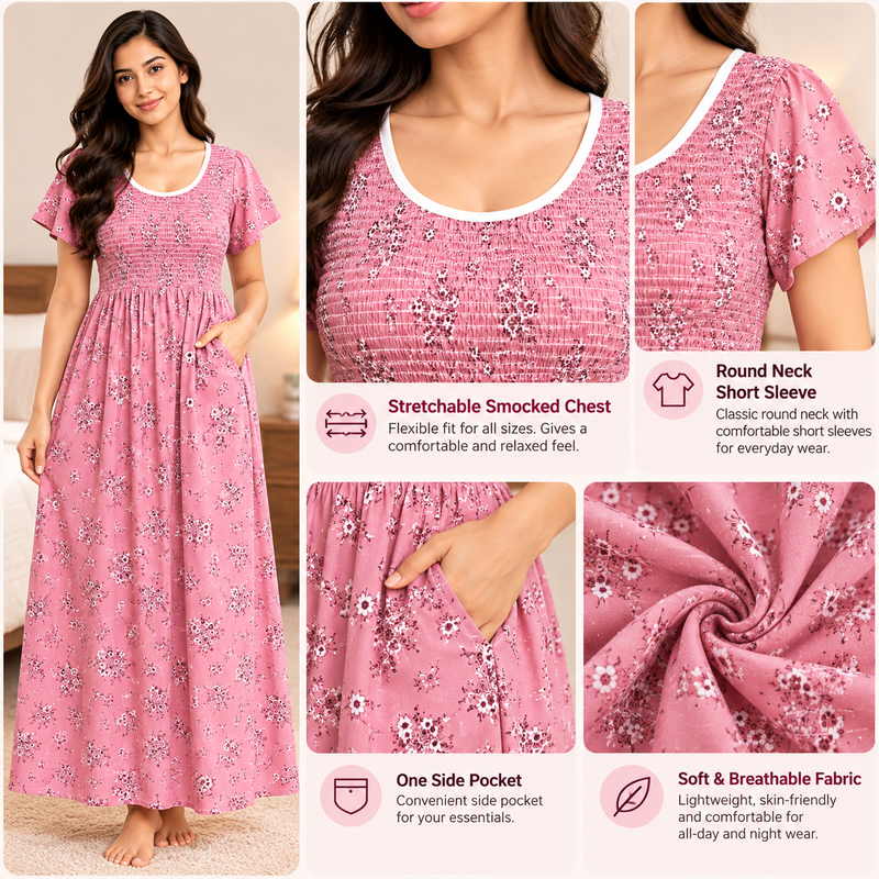 Veni's stretchable floral women's nighty detail