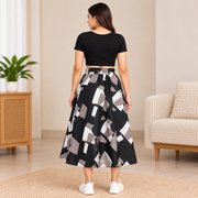 Women's black and grey geometric printed mid-length skirt back view