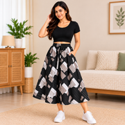 Women's black and grey geometric printed mid-length skirt front view