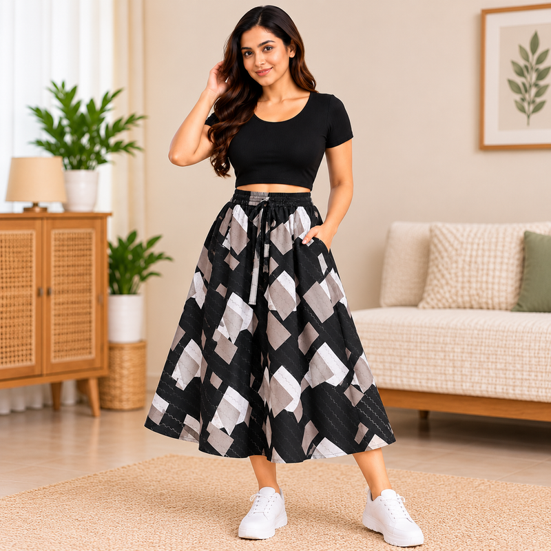 Women's black and grey geometric printed mid-length skirt front view