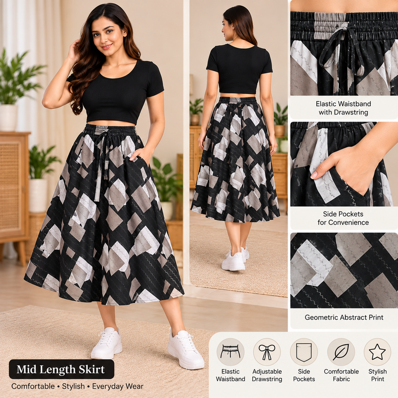 Black and grey geometric printed skirt pattern detail