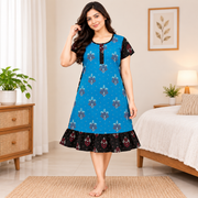 Women's blue floral cotton frock nighty with black contrast sleeves and printed frill hem
