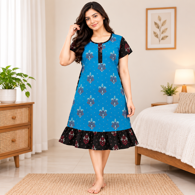 Women's blue floral cotton frock nighty with black contrast sleeves and printed frill hem