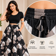 Women's geometric skirt with stretchable elastic waistband and drawstring