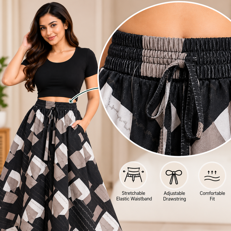 Women's geometric skirt with stretchable elastic waistband and drawstring