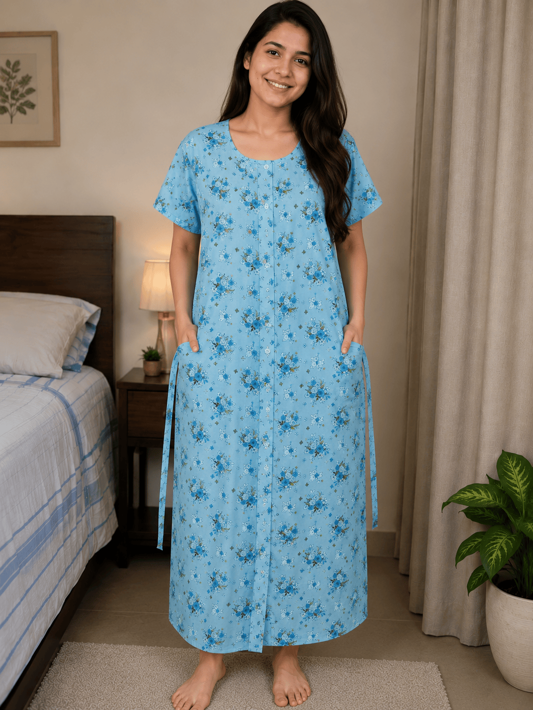 Yoga Ocean Blue Front Full Open Nighty Onezeros.in