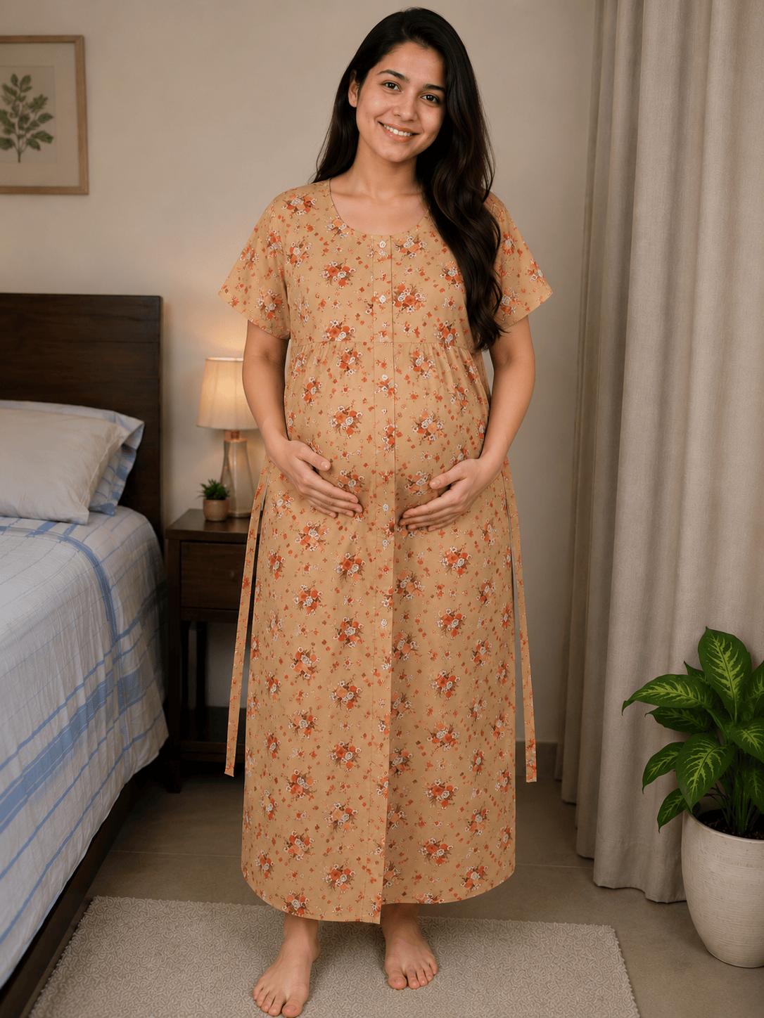Yoga Orange floral pattern Front Full Open Nighty Onezeros.in