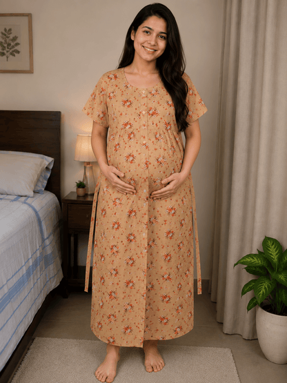 Yoga Orange floral pattern Front Full Open Nighty Onezeros.in