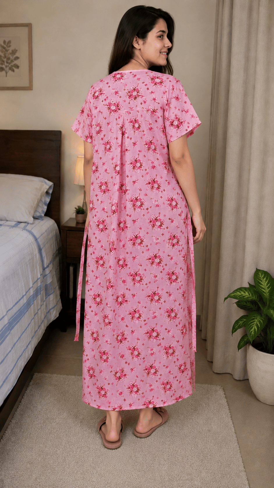 Yoga Pink Color Front Full Open Nighty Onezeros.in