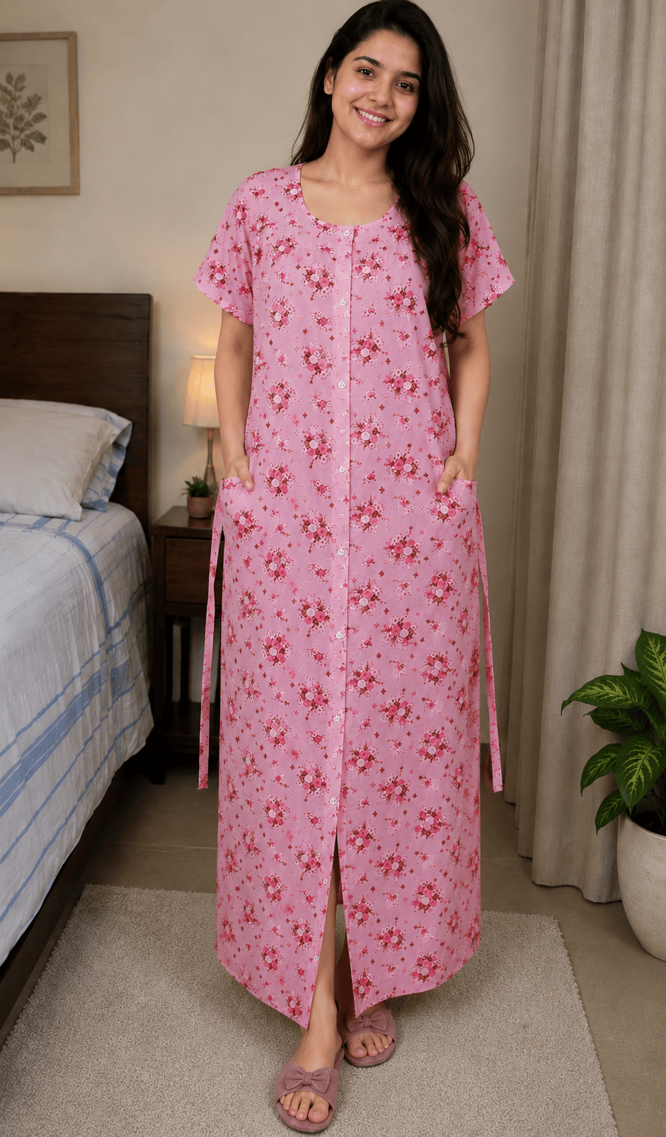 Yoga Pink Color Front Full Open Nighty Onezeros.in
