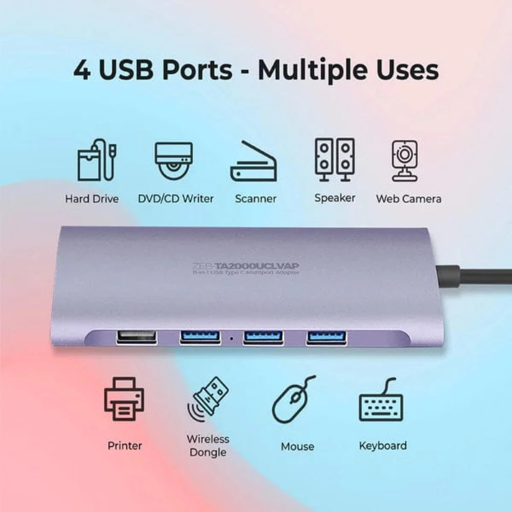 Zebronics Zeb-TA2000UCLVAP – 11 in 1 USB Type C Multiport Adapter with USB, HDMI, VGA, 3.5mm, RJ45, SD, Micro SD, Type C PD Electronics Accessories