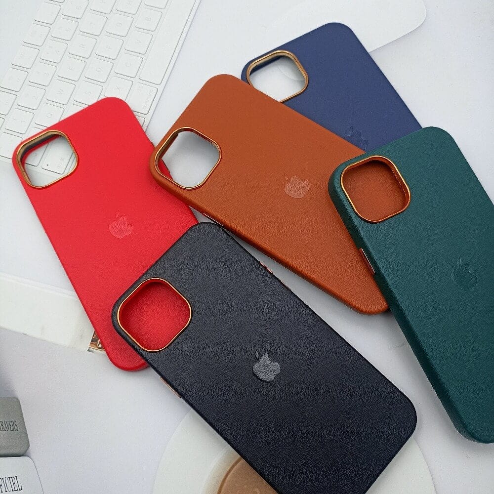 Leather Texture with Apple Logo Case for iPhone 12 Golden Camera Frame