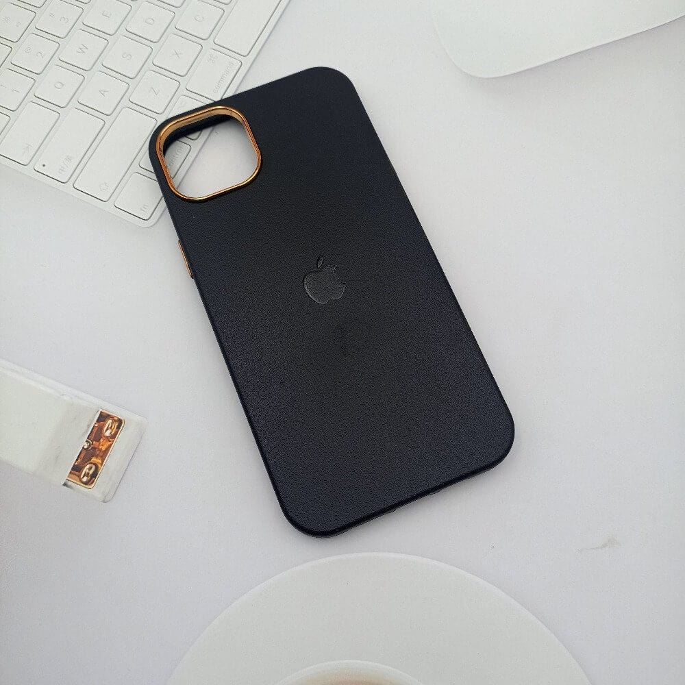 Leather Texture Phone Case for iPhone 14 Pro with Apple Logo Black Onezeros.in