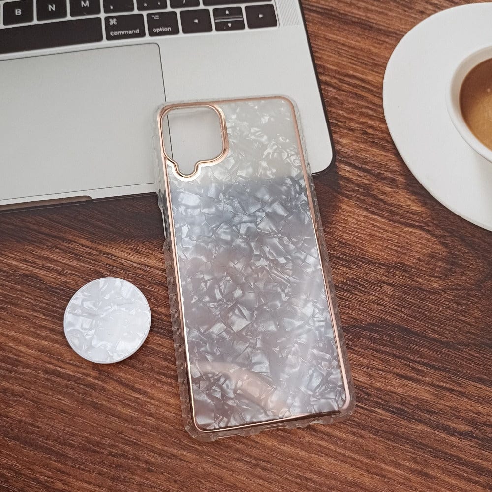 Marble Pattern Back Cover For Samsung A12/M12/F12 Phone Case With Pop Up Holder White